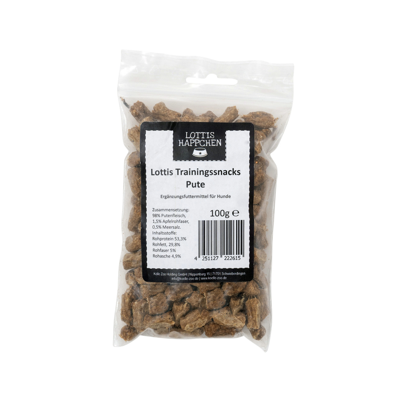 Lottis Häppchen Trainingssnacks Pute, Ergänzungsfuttermittel für Hunde, 98 % Putenfleisch, Apfelfasern, Meersalz, 100 g.