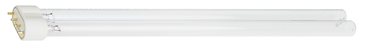 Auf dem Bild ist eine Ersatzlampe der Marke Oase zu sehen, speziell das Modell Bitron Eco UVC 55 W. Die Lampe ist für den Einsatz in Teichklärgeräten konzipiert und dient der effektiven Algenbekämpfung sowie der Verbesserung der Wasserqualität. Sie hat ei
