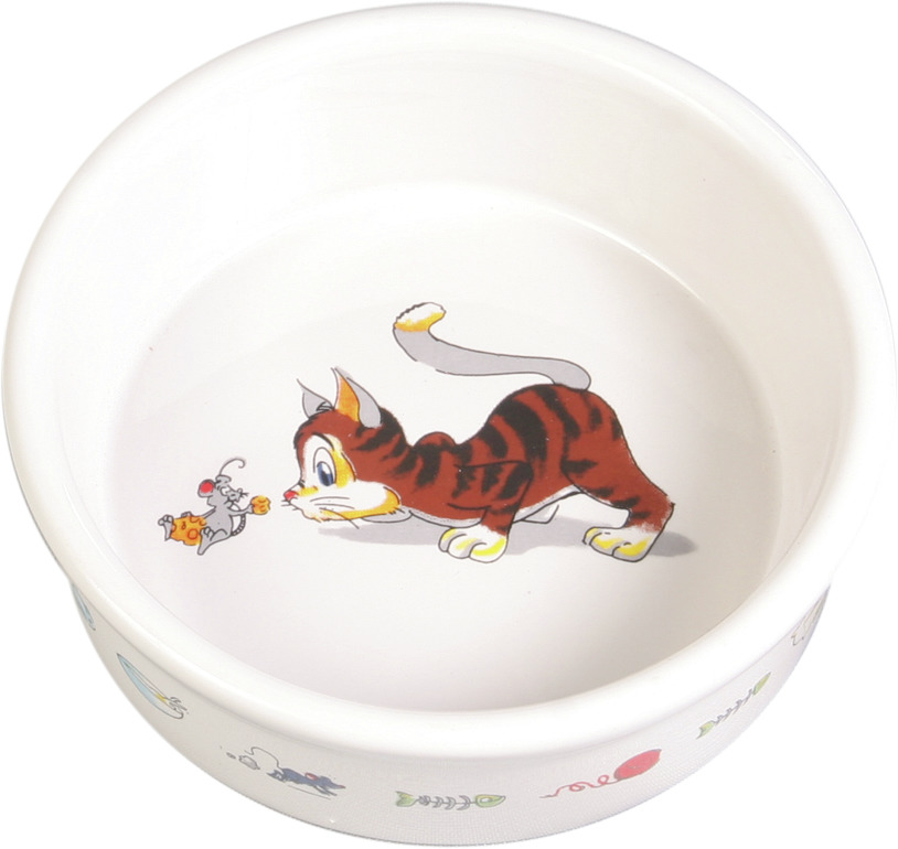 Keramiknapf für Katzen von TRIXIE, weiß, mit Katzenmotiv, bunt verziert, ideal für Futter-Wasser.