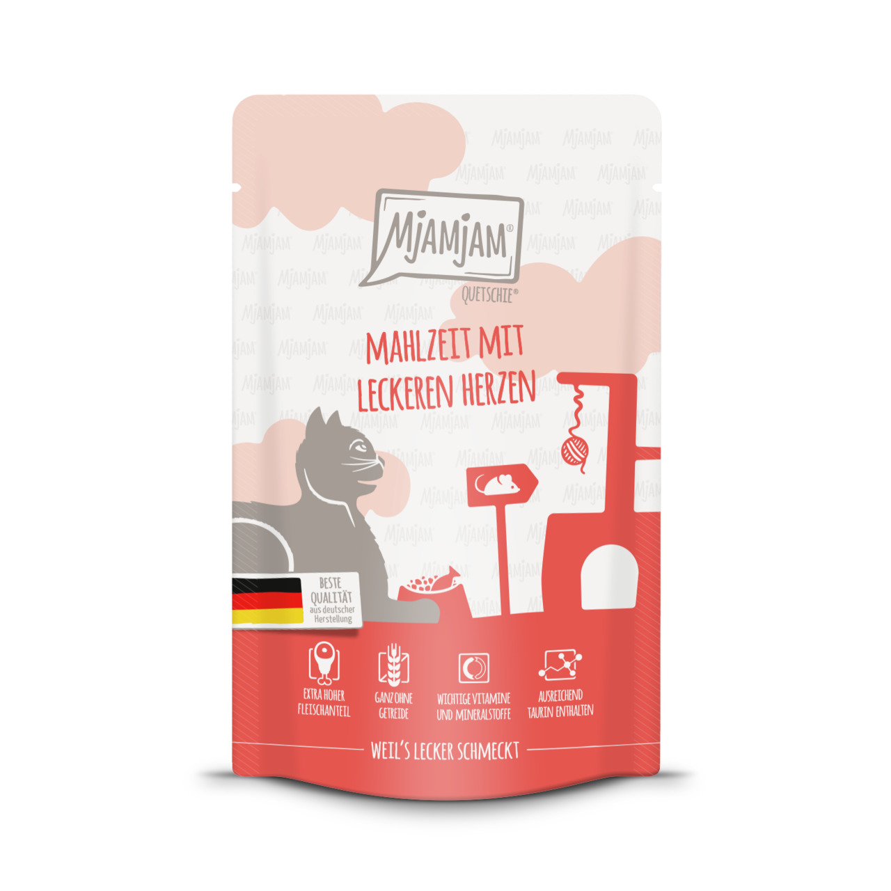 MJAMJAM Quetschies Mahlzeit mit leckeren Herzen 125g Beutel Katzennassfutter