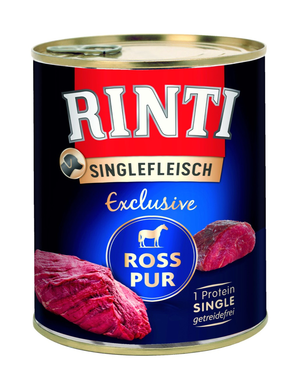 RINTI Singlefleisch Exclusive Ross Pur, 1 Proteinquelle, getreidefrei, für Hunde, 400g, mit Pferdesymbol & frischem Fleisch.
