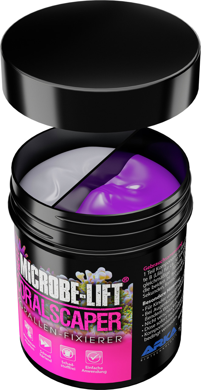 ARKA MICROBE-LIFT Coralscaper: Korallen-Fixierer, schadstofffrei, schnell härtend, leicht anzuwenden, 2-Komponenten, lila/weiß.