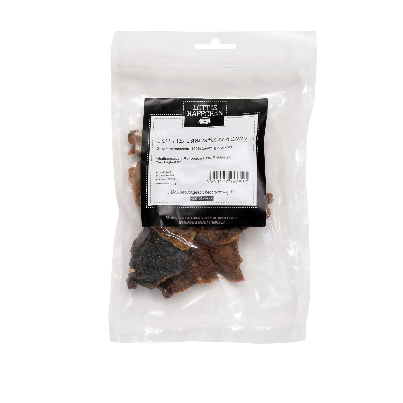 LOTTIS HÄPPCHEN Lammfleisch für Hunde, 100 % Lamm, schonend getrocknet, 100 g, „Das vertrage ich besonders gut!“.