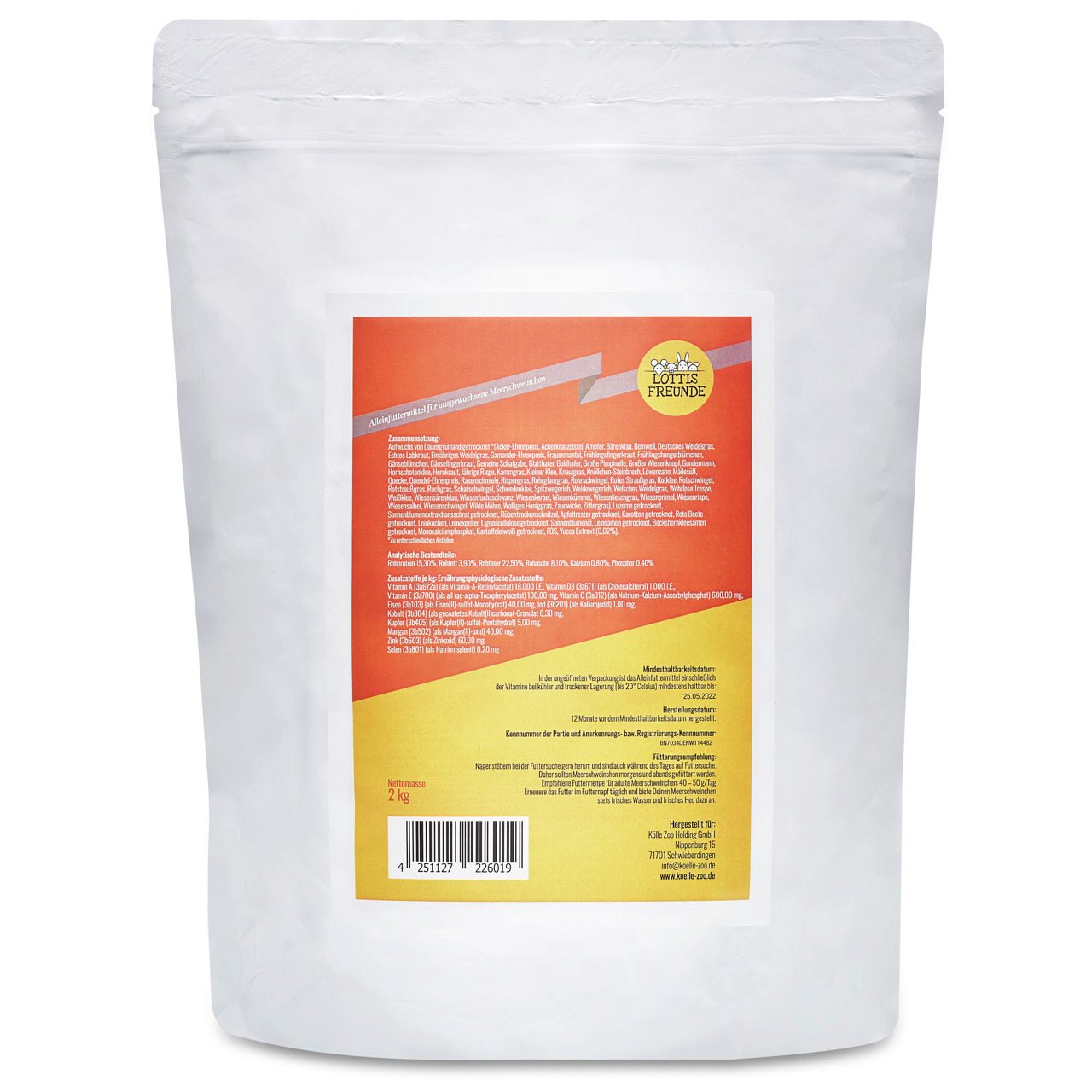 Lottis Freunde Alleinfuttermittel für ausgewachsene Hunde, 2 kg, mit Inhaltsstoffen, analytischen Bestandteilen & Fütterungsempfehlungen.