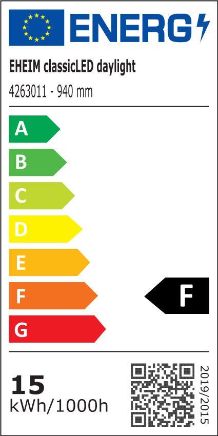 EHEIM classicLED daylight 940 mm (4263011), Energiekl. F, 15 kWh/1000h, EU-Klassen A-G, QR-Code für Infos.