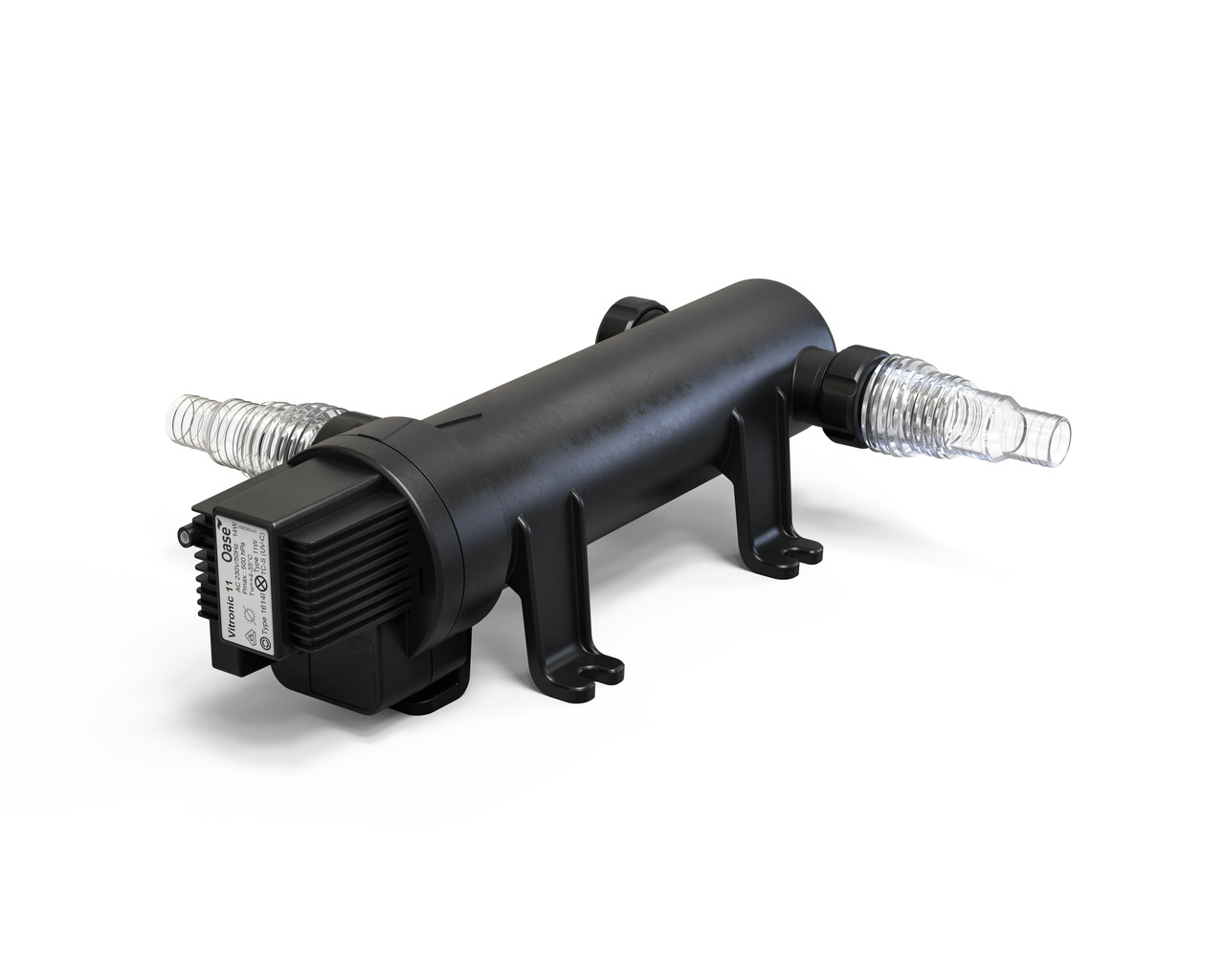 Das Bild zeigt das Oase Vitronic 11 W UVC-Klärgerät, ein hochwertiges Zubehör für Teichfilteranlagen. Es ist speziell für Teichbesitzer entwickelt und dient der effektiven Bekämpfung von Schwebealgen und Krankheitserregern im Wasser. Das Gerät ist in eine