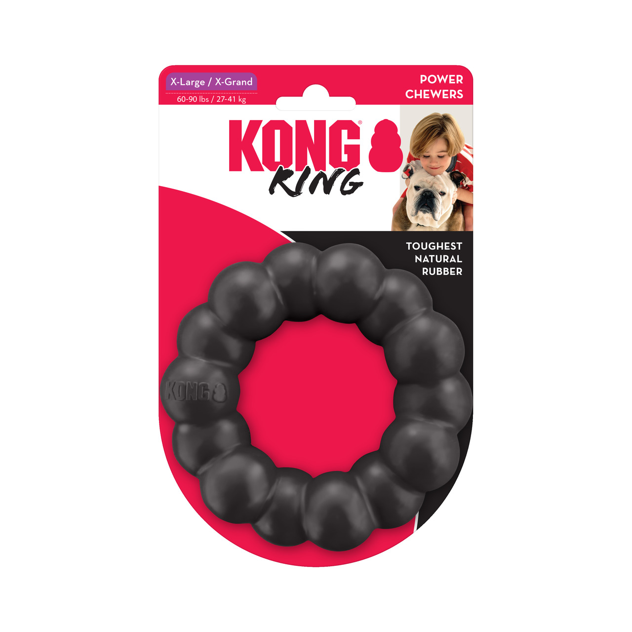 Das Bild zeigt das KONG Extreme Power Chewer Hundespielzeug in der Größe X-Large (27-41 kg). Es handelt sich um einen schwarzen, robusten Kauring aus natürlichem Gummi, der speziell für starke Kauer entwickelt wurde. Die Verpackung hebt die Marke KONG her