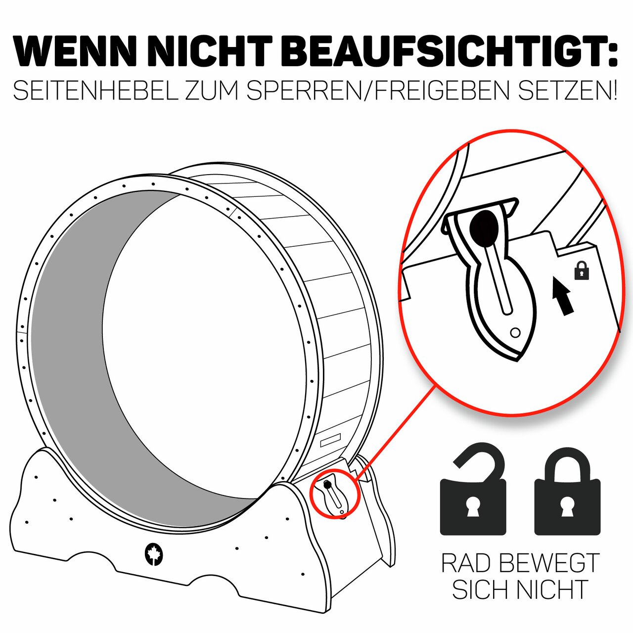 CanadianCat Lauf- & Spielrad für Katzen, groß & stabil, mit Sicherheitshebel zur Sperrung, ideal für Bewegung & Unterhaltung.