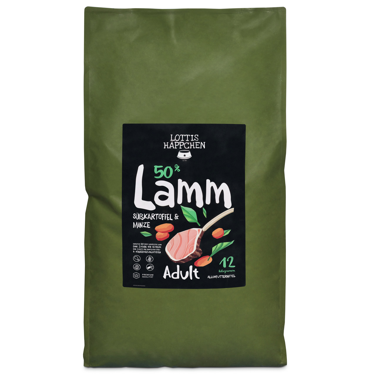 Lottis Häppchen 50 % Lamm, Süßkartoffel & Minze Adult Hunde Trockenfutter 12 kg