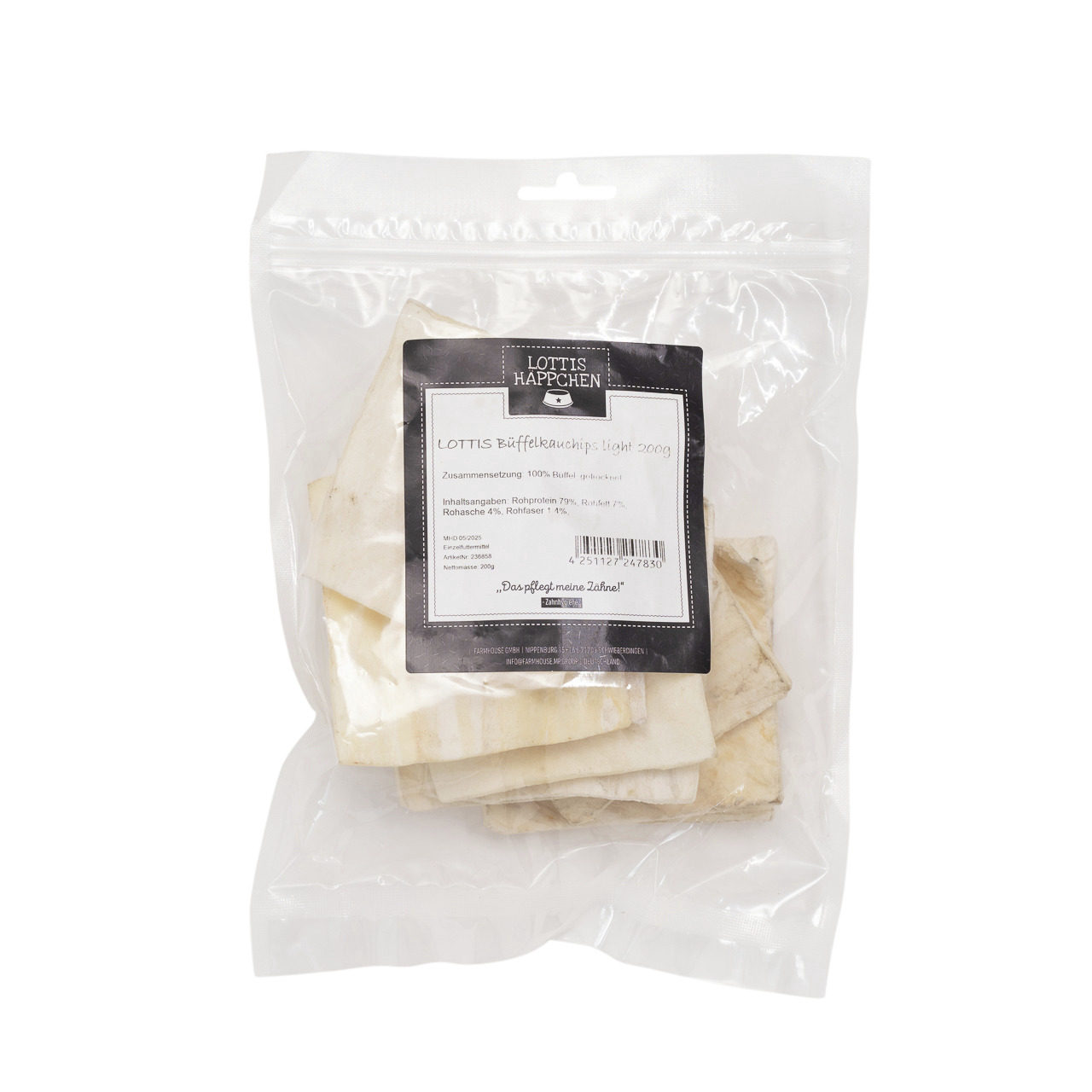 Lottis Häppchen Büffelkauchips light für Hunde, 100 % Büffelhaut, Zahnpflege, 200 g.