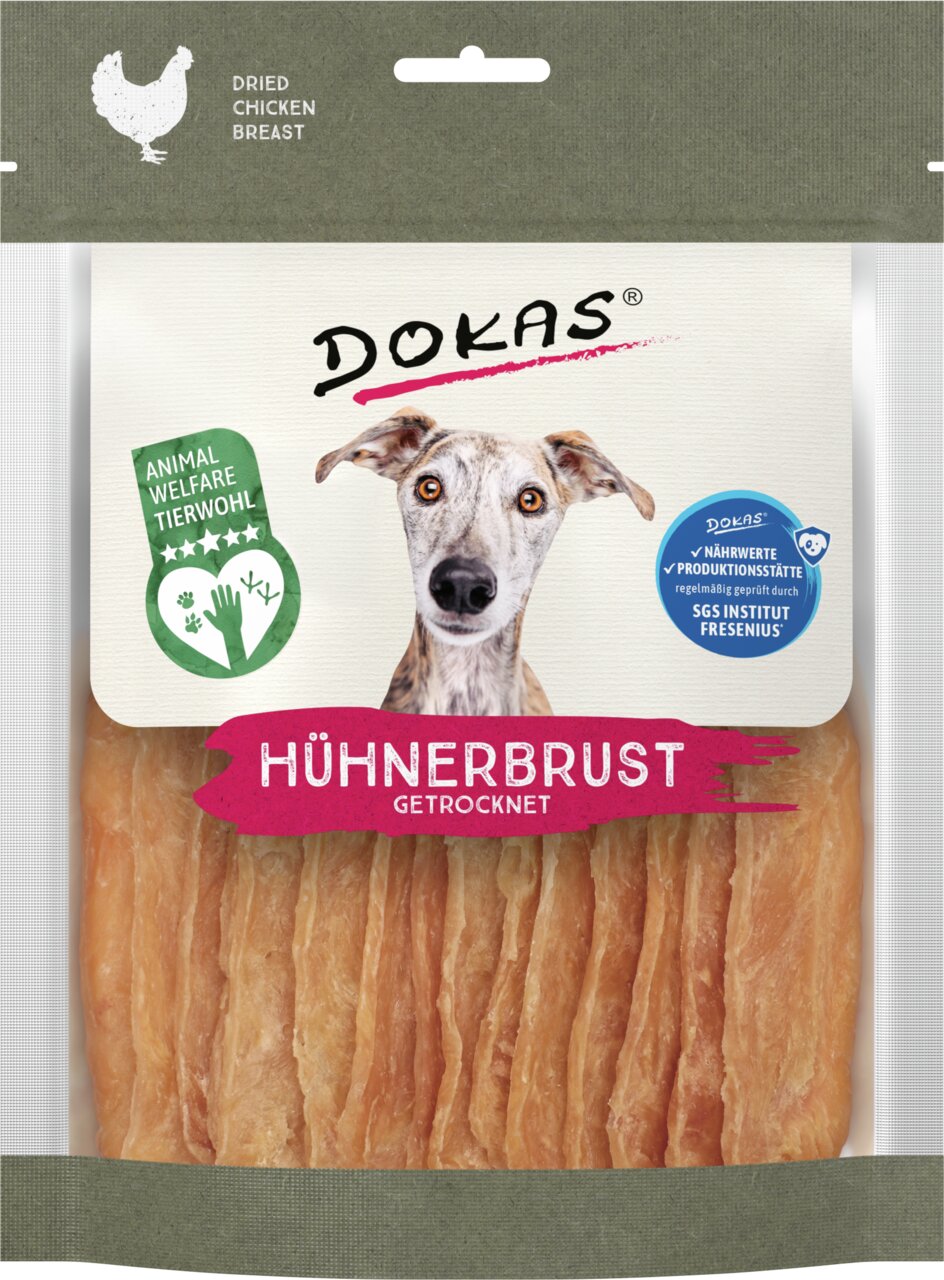 Getrocknete Hühnerbrust von DOKAS für Hunde, Geschmacksrichtung Huhn, tierwohlgerecht hergestellt, 70 g Packung.