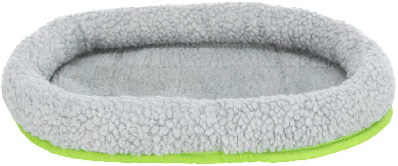 Weiches, ovales Haustierbett von TRIXIE, geeignet für Katzen und kleine Hunde. Das Bett hat eine flauschige, graue Plüschoberfläche und eine leuchtend grüne Unterseite. Ideal für Komfort und Wärme. Perfekt für Haustiere, die ein gemütliches und sicheres S