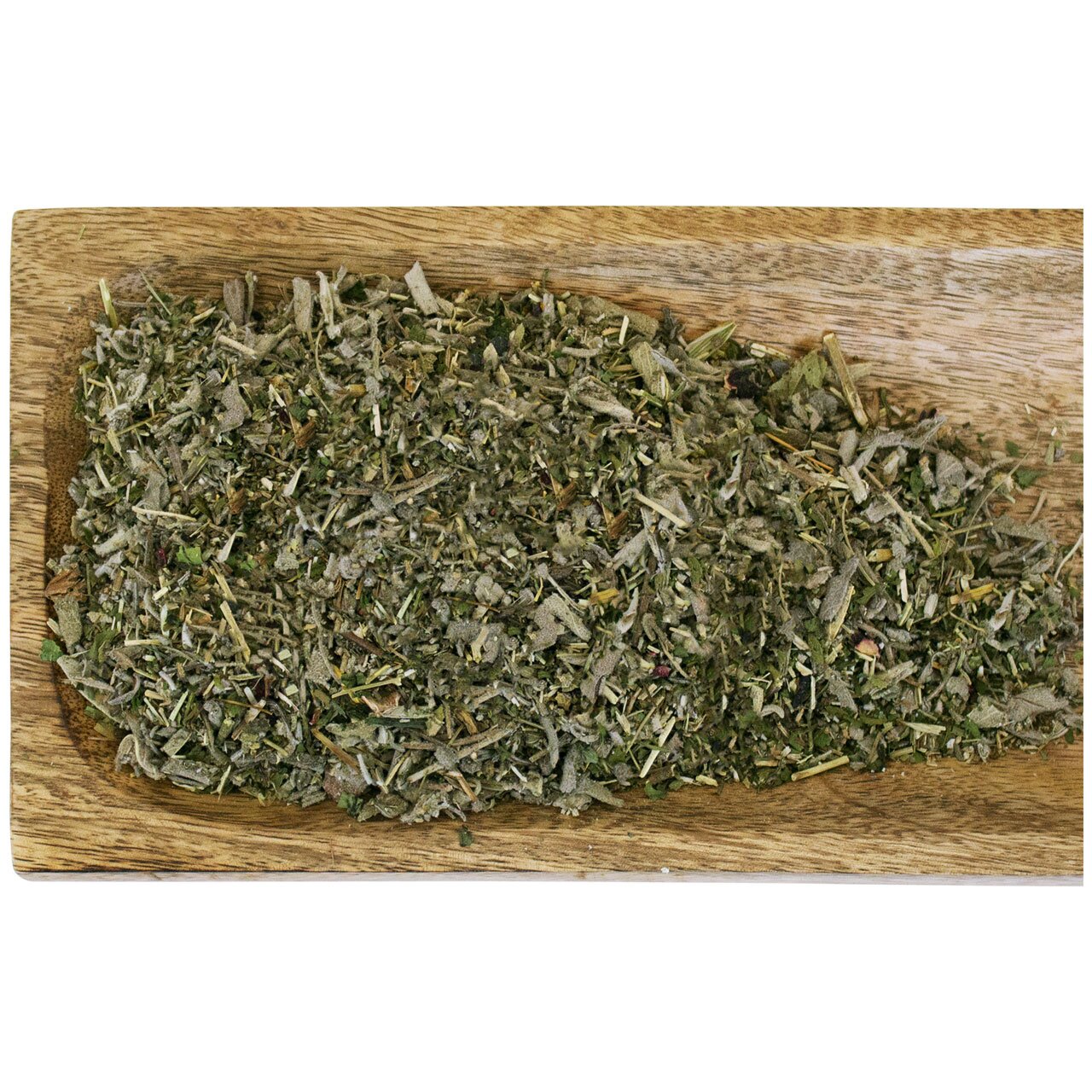 JR FARM Kräutergarten für Kleintiere, natürlicher Snack, reich an Kräutern und Vitaminen, 50 g Packung auf Holztablett.