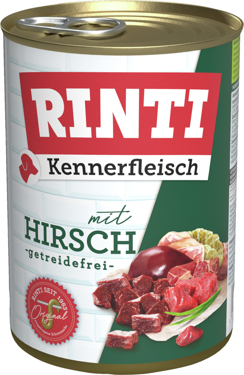 RINTI Kennerfleisch Hundefutter, Hirsch, getreidefrei, 800 g – für Hunde. Fleischstücke & Innereien abgebildet.