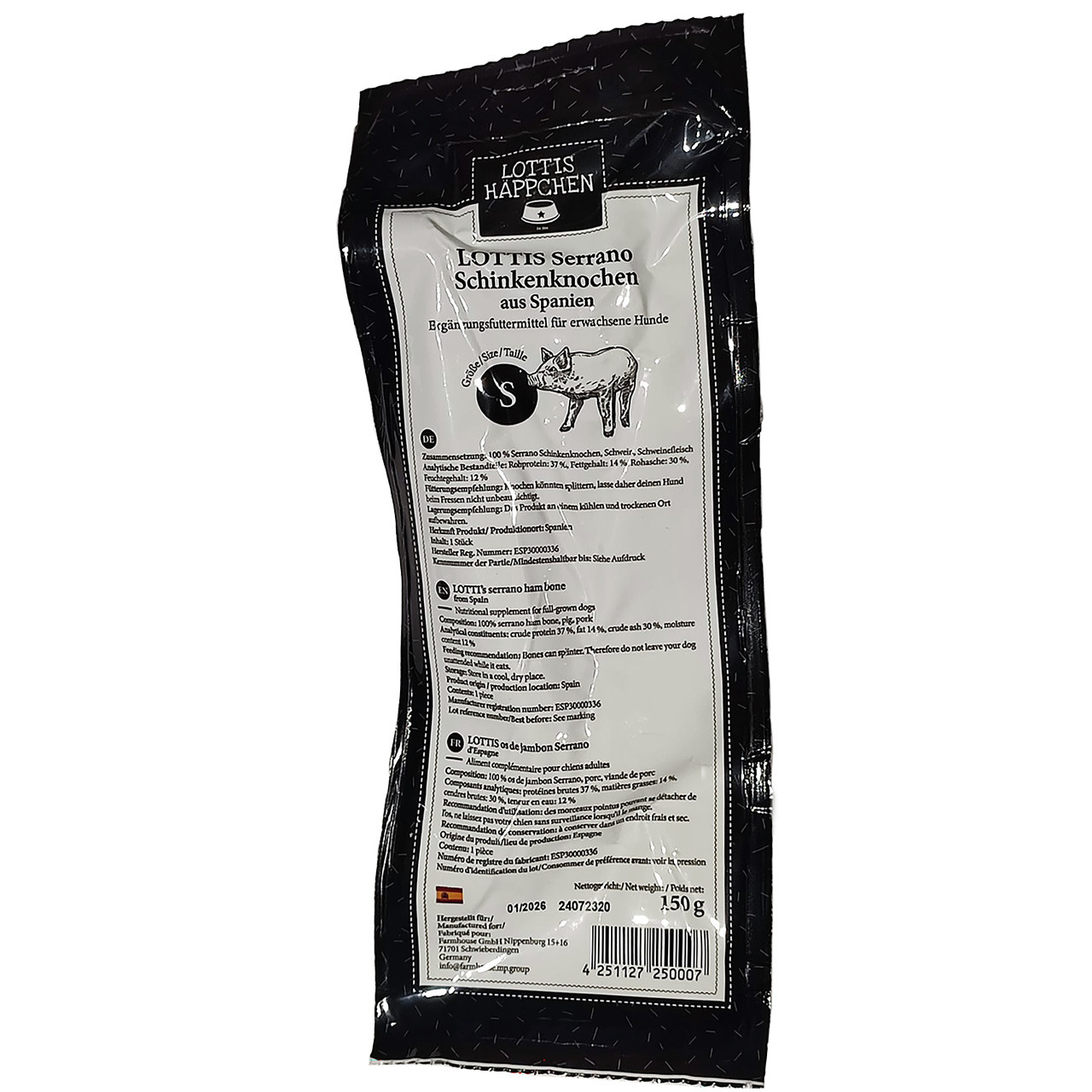 LOTTIS HÄPPCHEN Serrano Schinkenknochen, Ergänzungsfutter f. erwachsene Hunde, Serrano-Schinken, 150 g, f. kl.-mittelgr. Hunde.