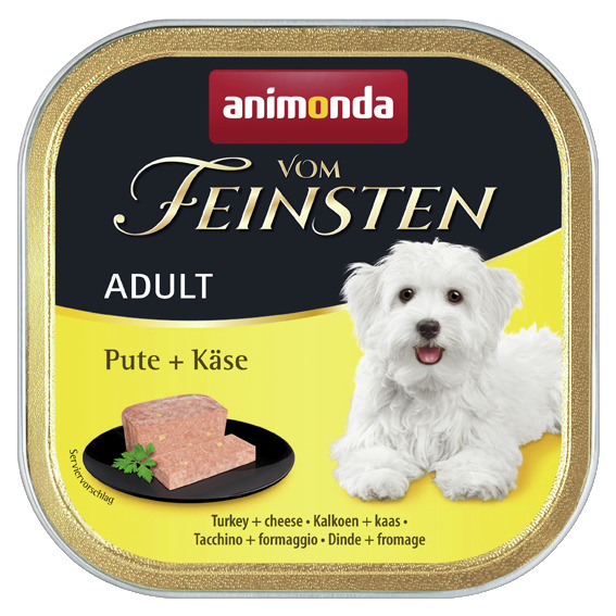 Animonda Vom Feinsten Adult Hundefutter, Pute & Käse, 150 g, für ausgewachsene Hunde, hochwertige Zutaten, gelb-schwarze Verpackung.