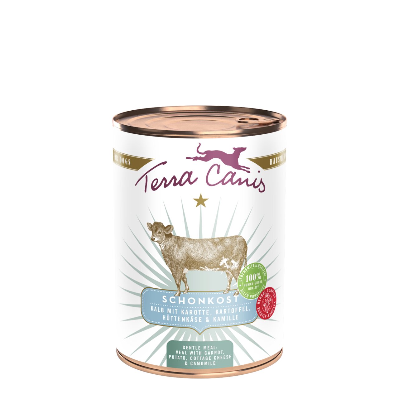 Terra Canis Schonkost, für Hunde, Kalb mit Karotte, Kartoffel, Hüttenkäse & Kamille, 400 g, 100 % natürliche Zutaten.