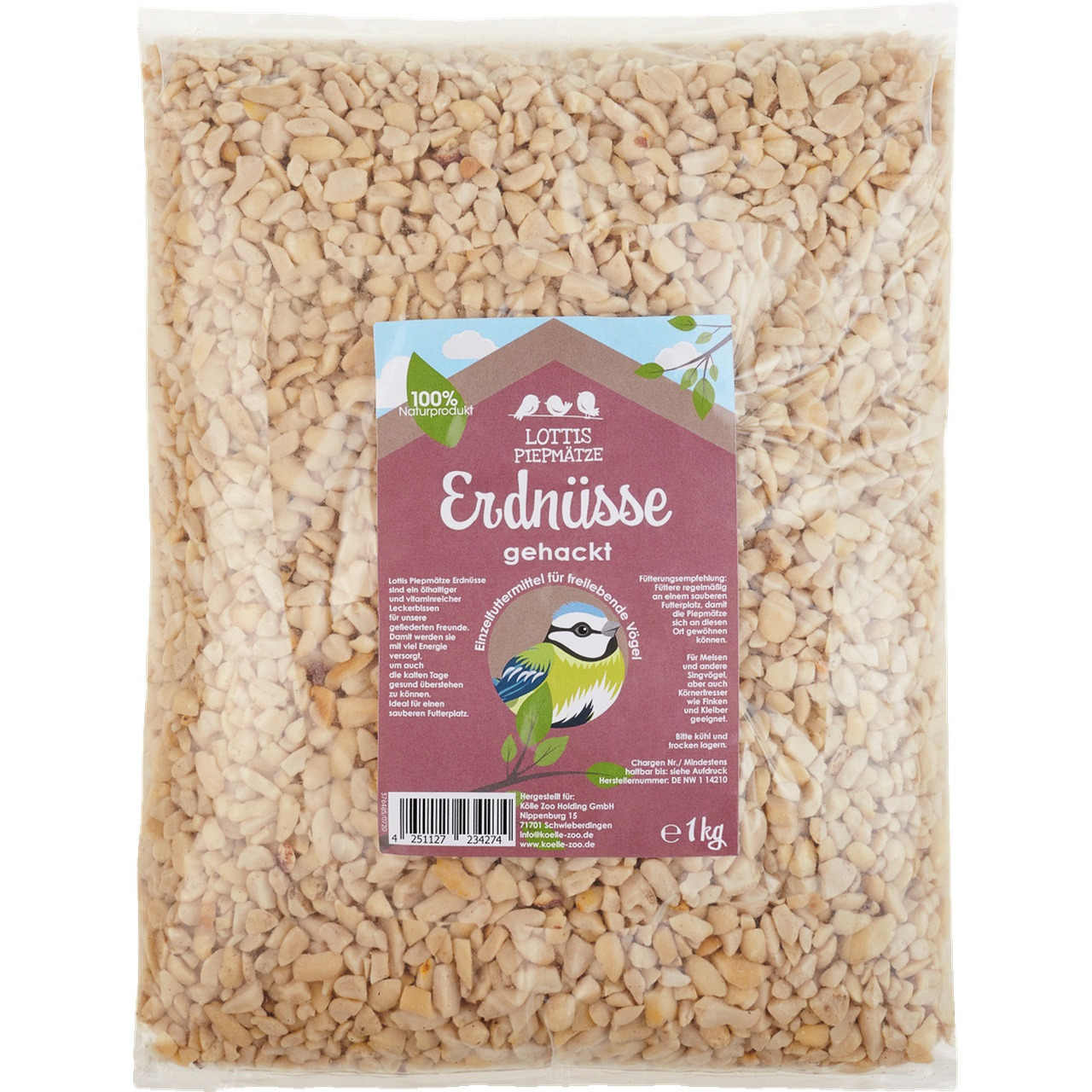 Lottis Piepmätze gehackte Erdnüsse, 1 kg, für freilebende Vögel, 100% Naturprodukt, Einzelfuttermittel, mit Meisen-Illustration.