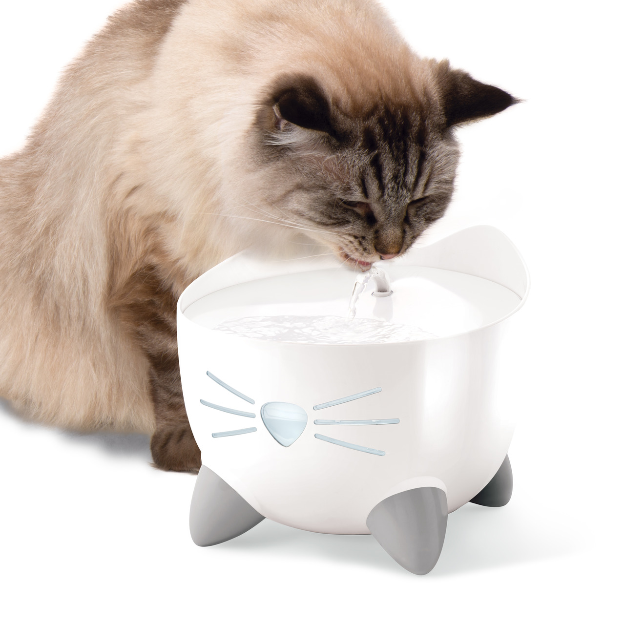 Catit Trinkbrunnen für Katzen, weiß, verspieltes Design, fließendes Wasser zur Flüssigkeitsaufnahme, ideal für langhaarige Katzen.