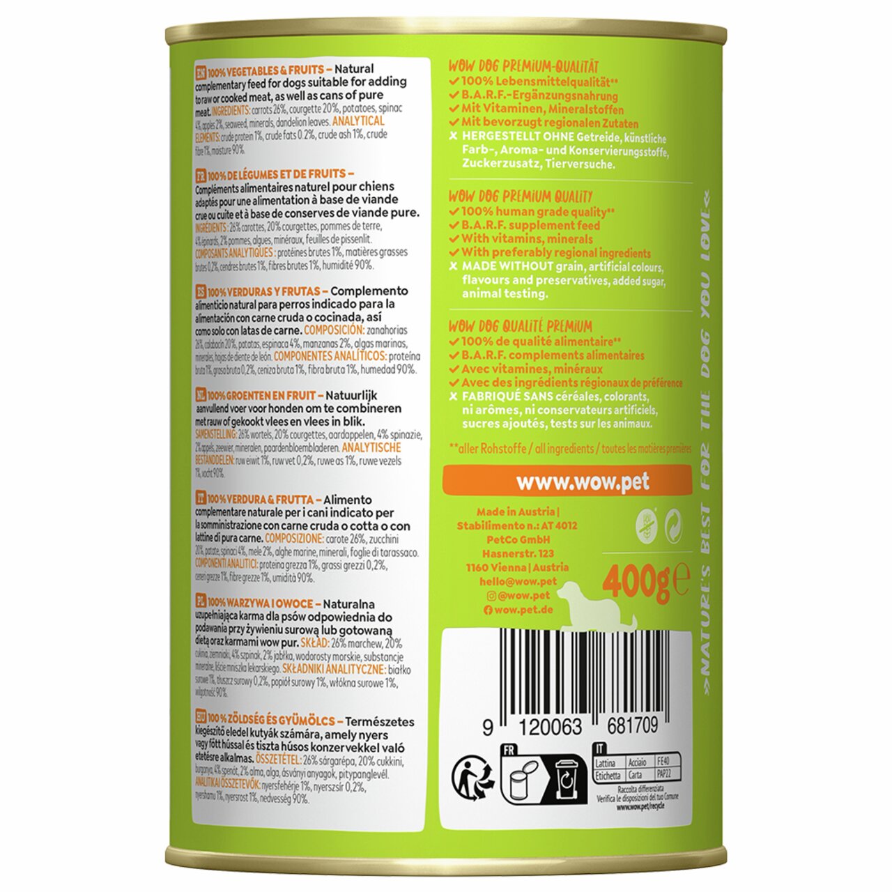 WOW DOG Nassfutter für Hunde, Geschmacksrichtung Gemüse & Früchte, getreidefrei, ohne Zusätze, Inhalt 400 g, B.A.R.F.-Ergänzung.