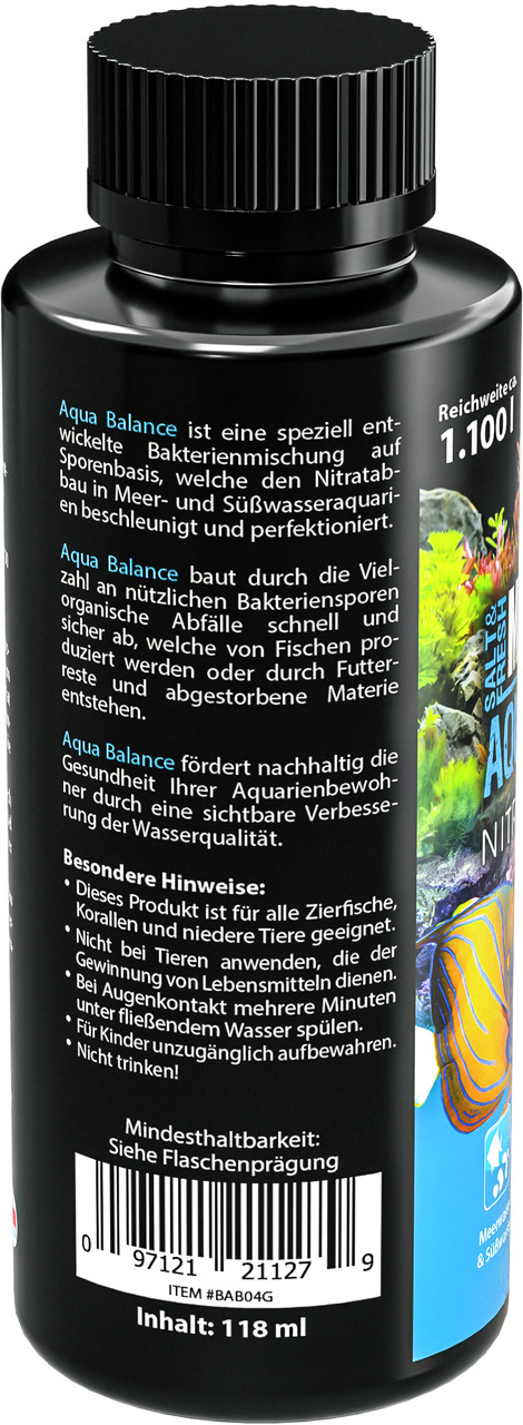 Die Abbildung zeigt eine schwarze Flasche des Produkts „MICROBE-LIFT Aqua Balance“ mit einem Inhalt von 118 ml. Es handelt sich um eine Bakterienmischung für Meer- und Süßwasseraquarien, die den Nitratabbau fördert und die Wasserqualität verbessert. Zielg