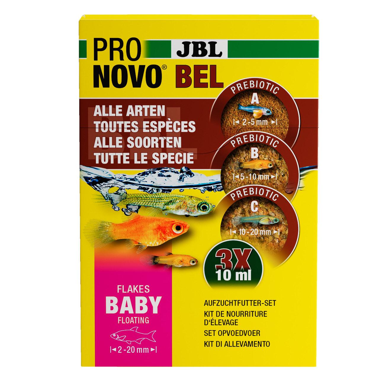 JBL ProNovo Bel Baby Flakes, Aufzuchtfutter für junge Zierfische, präbiotische Flocken (2-20 mm), 3 x 10 ml, für alle Arten.
