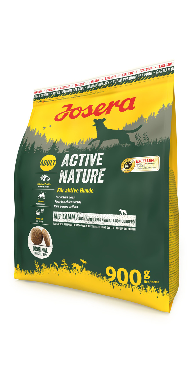 Josera Active Nature Trockenfutter, 900 g, für aktive, ausgewachsene Hunde, Lamm, glutenfrei, unterstützt Haut, Fell & Leistung.