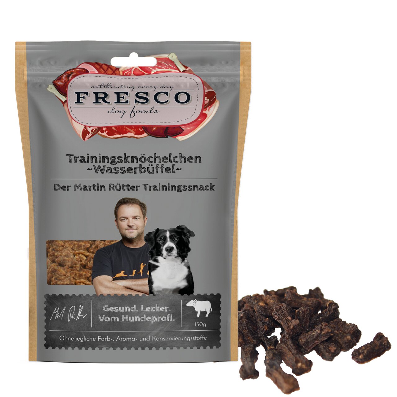 Fresco Trainingsknöchelchen Wasserbüffel für Hunde, 150g. Gesund und lecker, ohne Farb-, Aroma- und Konservierungsstoffe.