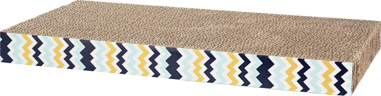 Kratzmatte fit+fun für Katzen, Wellpappe, ideal zum Kratzen/Spielen, Zickzack-Muster (Blau/Gelb/Weiß), perfekt zur Krallenpflege.
