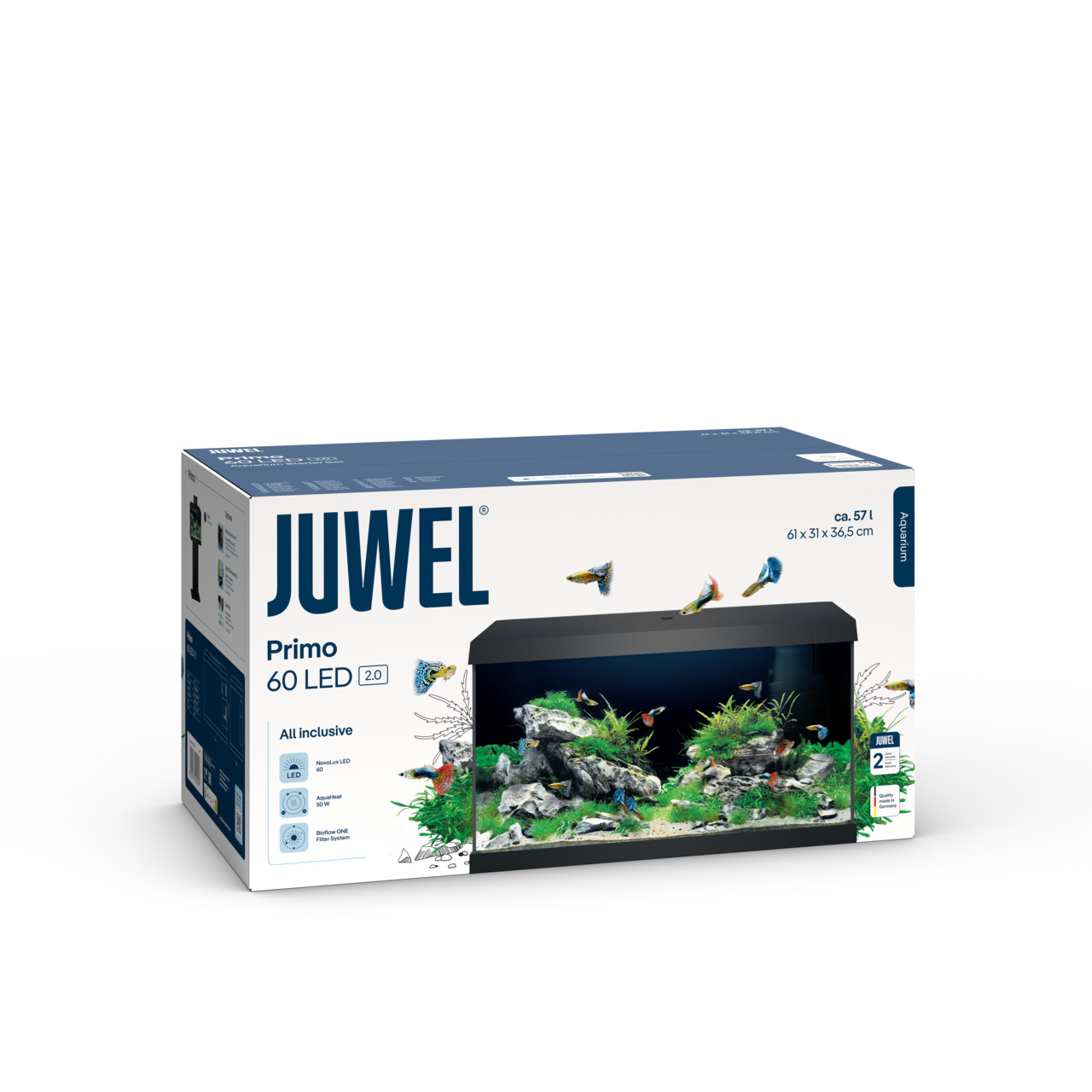 Das Bild zeigt die Verpackung des JUWEL Primo 60 LED 2.0 Aquariums, geeignet für Aquaristik-Enthusiasten. Das Aquarium hat ein Fassungsvermögen von ca. 57 Litern und misst 61 x 31 x 36,5 cm. Es enthält eine LED-Beleuchtung, einen Bioflow-Filtersystem und 