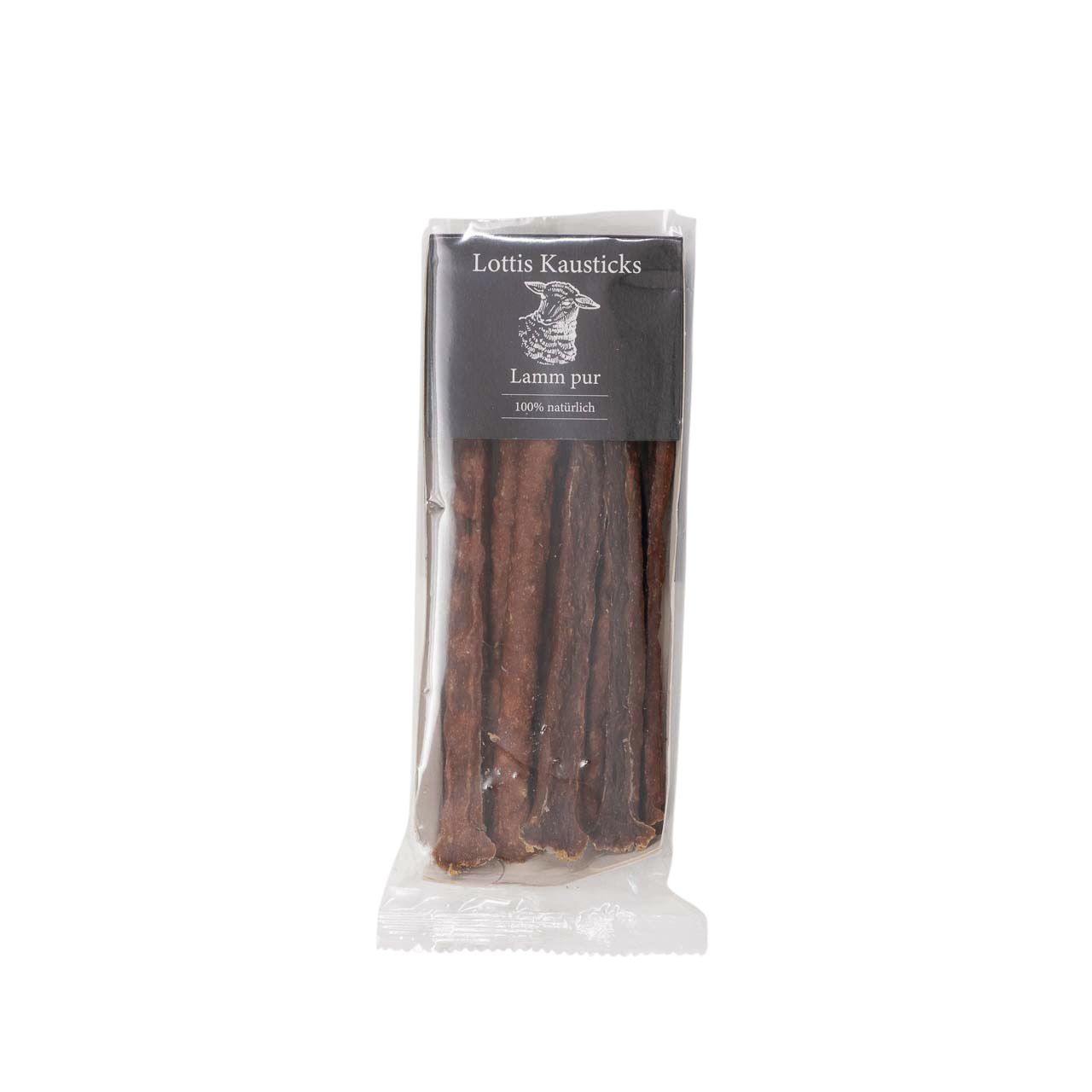 Lottis Häppchen „Lottis Kausticks Lamm pur“ für Hunde, 100 % natürlich, Lammgeschmack, braune Kausticks in transparenter Verpackung.