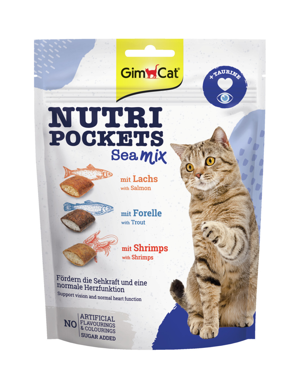 GimCat Nutri Pockets Sea Mix: Katzensnacks für erw. Katzen, 60 g, Lachs-Forelle-Shrimps, mit Taurin für Sehkraft & Herzfunktion.