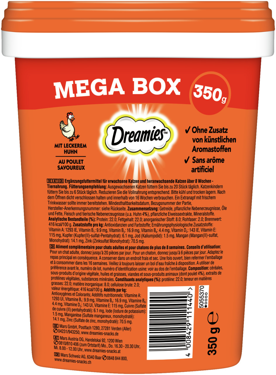 Dreamies Mega Box Katzensnacks Huhn, 350 g, für Katzen ab 8 Wochen, „ohne künstl. Aromastoffe“, lecker & knusprig.