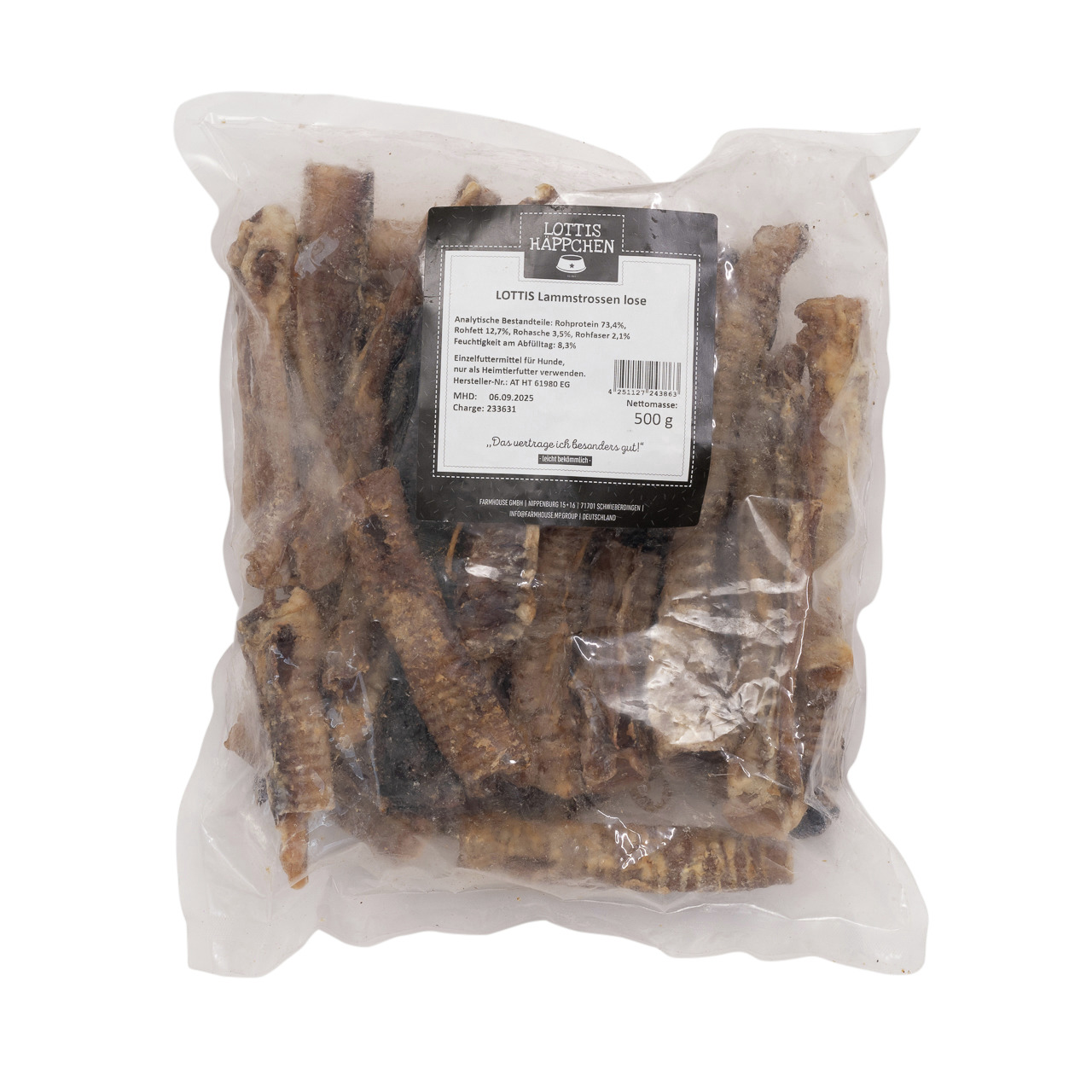 LOTTIS HÄPPCHEN: 500 g Lammstrossen, natürl. Kausnack für Hunde. Hochwertig, gesund, betont Qualität & Natürlichkeit.
