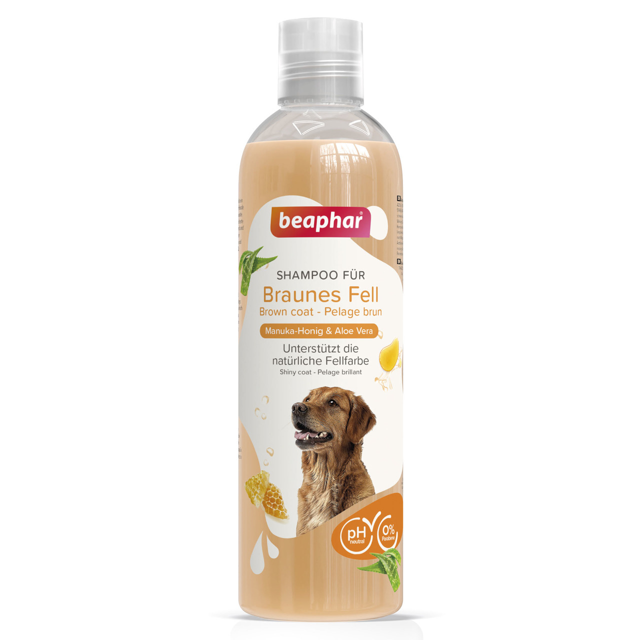 Das Bild zeigt eine durchsichtige Flasche des beaphar Shampoos für braunes Fell, speziell für Hunde. Die Flasche enthält 250 ml und ist mit Manuka-Honig und Aloe Vera angereichert. Das Produkt unterstützt die natürliche Fellfarbe und sorgt für glänzendes 