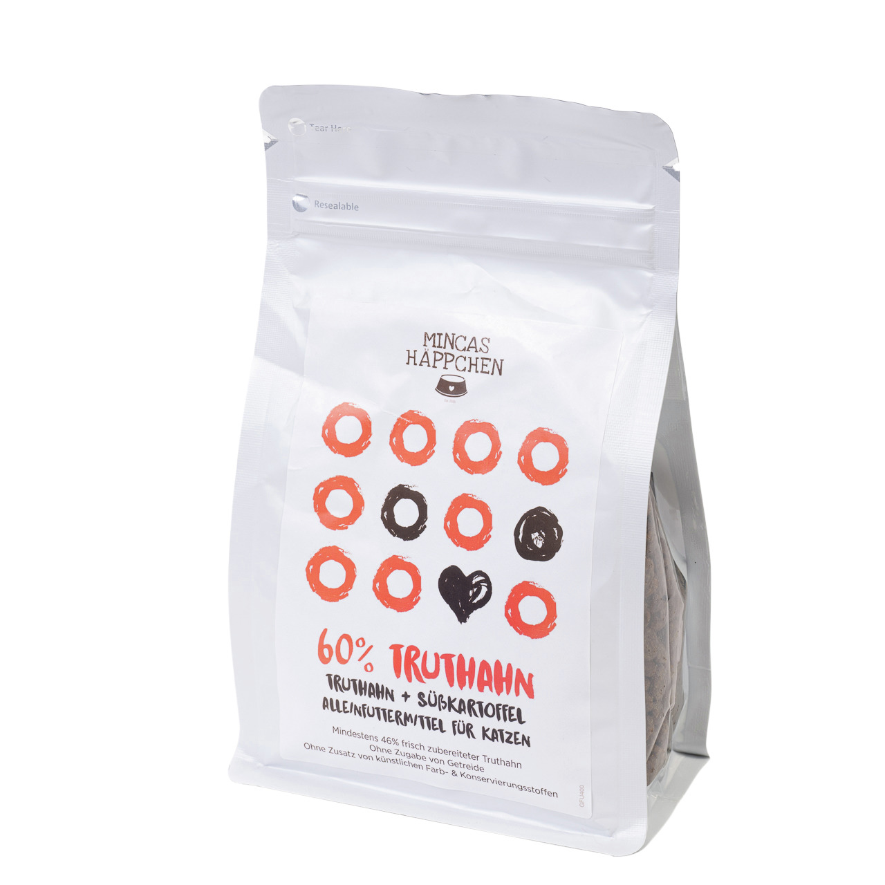 MINCAS HÄPPCHEN Katzenfutter Truthahn & Süßkartoffel, 60 % Truthahn, Alleinfutter, wiederverschließbar, ohne künstl. Zusatzstoffe.