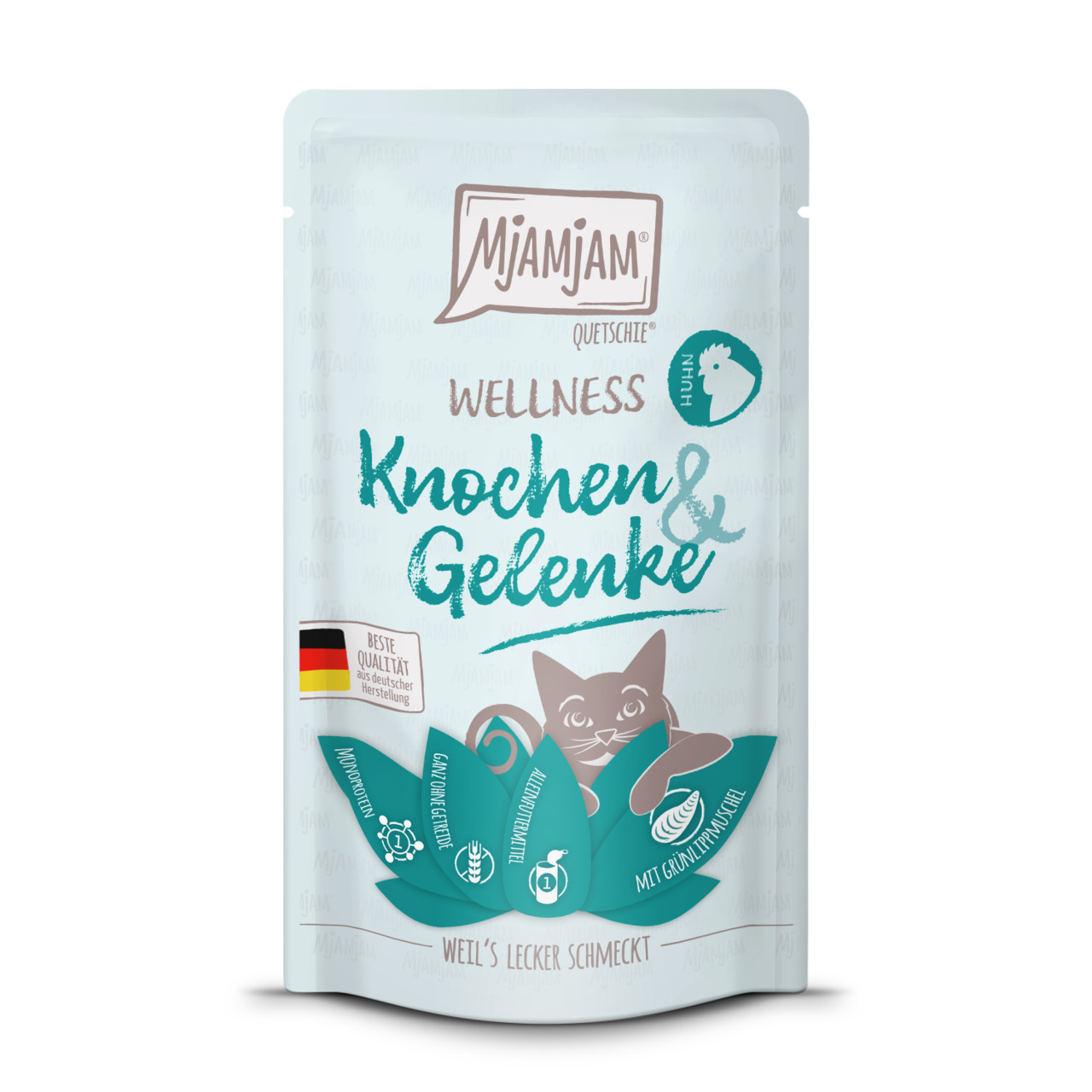 MJAMJAM Wellness Knochen & Gelenke, Katzen, Huhn+Grünlippmuschel, 85 g, deutsche Qualität, „Weil’s lecker schmeckt“.