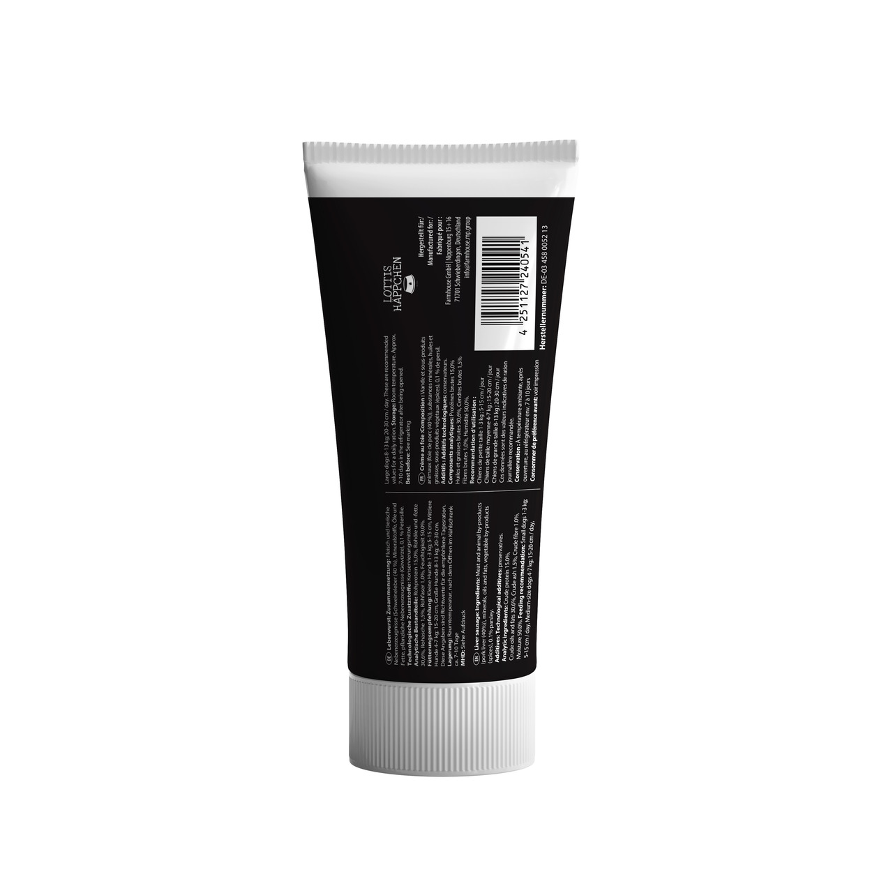 Das Bild zeigt eine schwarze Tube des Produkts „Lottis Häppchen“, einer Marke für Tierbedarf. Die Tube ist für Hunde geeignet und enthält eine Paste, die als Ergänzungsfuttermittel dient. Die Verpackung zeigt detaillierte Produktinformationen sowie die EA