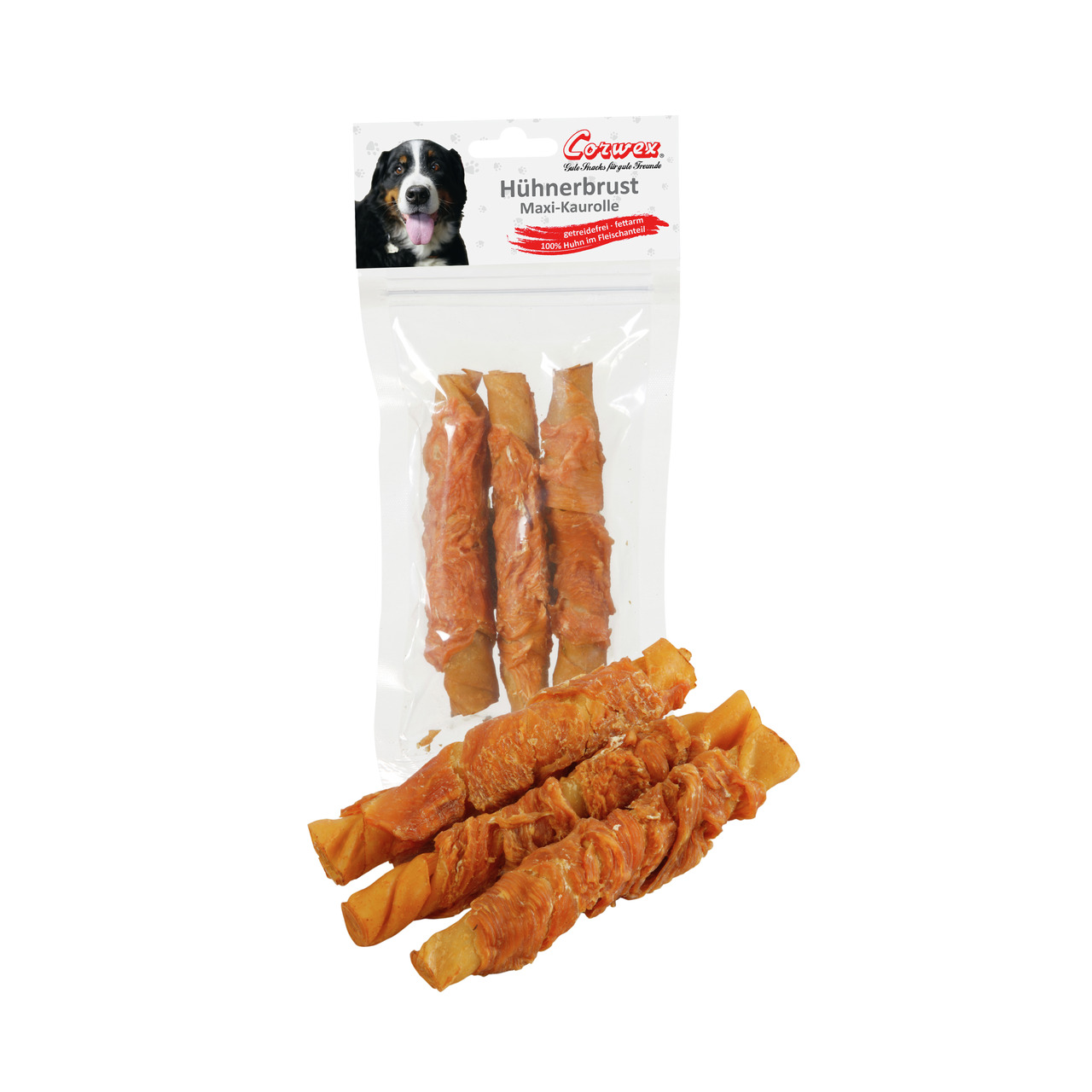 Corwex Hühnerbrust Maxi-Kaurolle, Hundesnack, 100 % Hühnerbrust, ideal als Belohnung/Zahnpflege, Menge sichtbar.