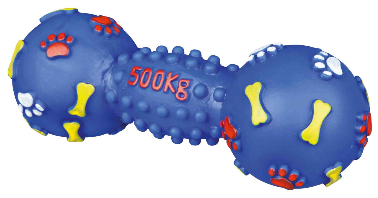 Das Bild zeigt das TRIXIE Hundespielzeug "Knochen-Hantel" aus robustem Gummi, geeignet für Hunde aller Größen. Die blaue Hantel ist mit bunten Pfotenabdrücken und Knochenmotiven verziert und trägt die Aufschrift "500Kg". Ideal für Kau- und Wurfspiele, för