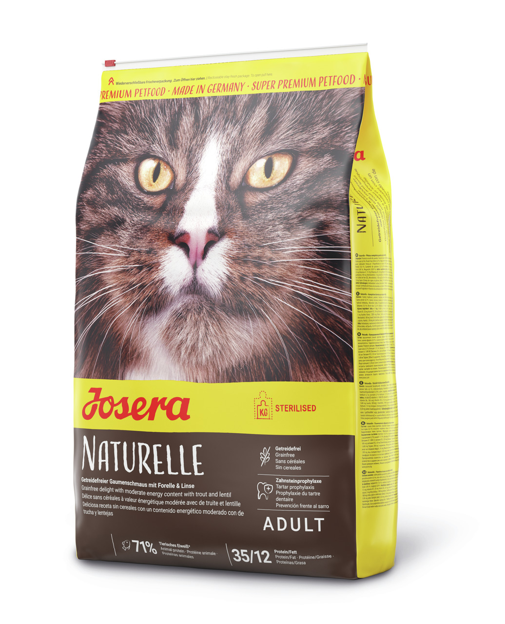 Josera Naturelle, Katzenfutter f. sterilisierte Katzen, Forelle & Linse, getreidefrei, 71 % tierisches Eiweiß, Made in Germany.