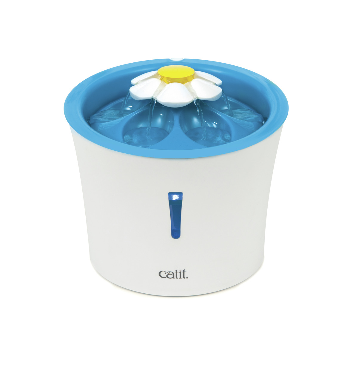 Catit Blumentrinkbrunnen für Katzen, 3L, weiß-blau, gelb-weiße Blumenform, 3 Wasserflussoptionen, animiert Katzen zur Flüssigkeitsaufnahme.