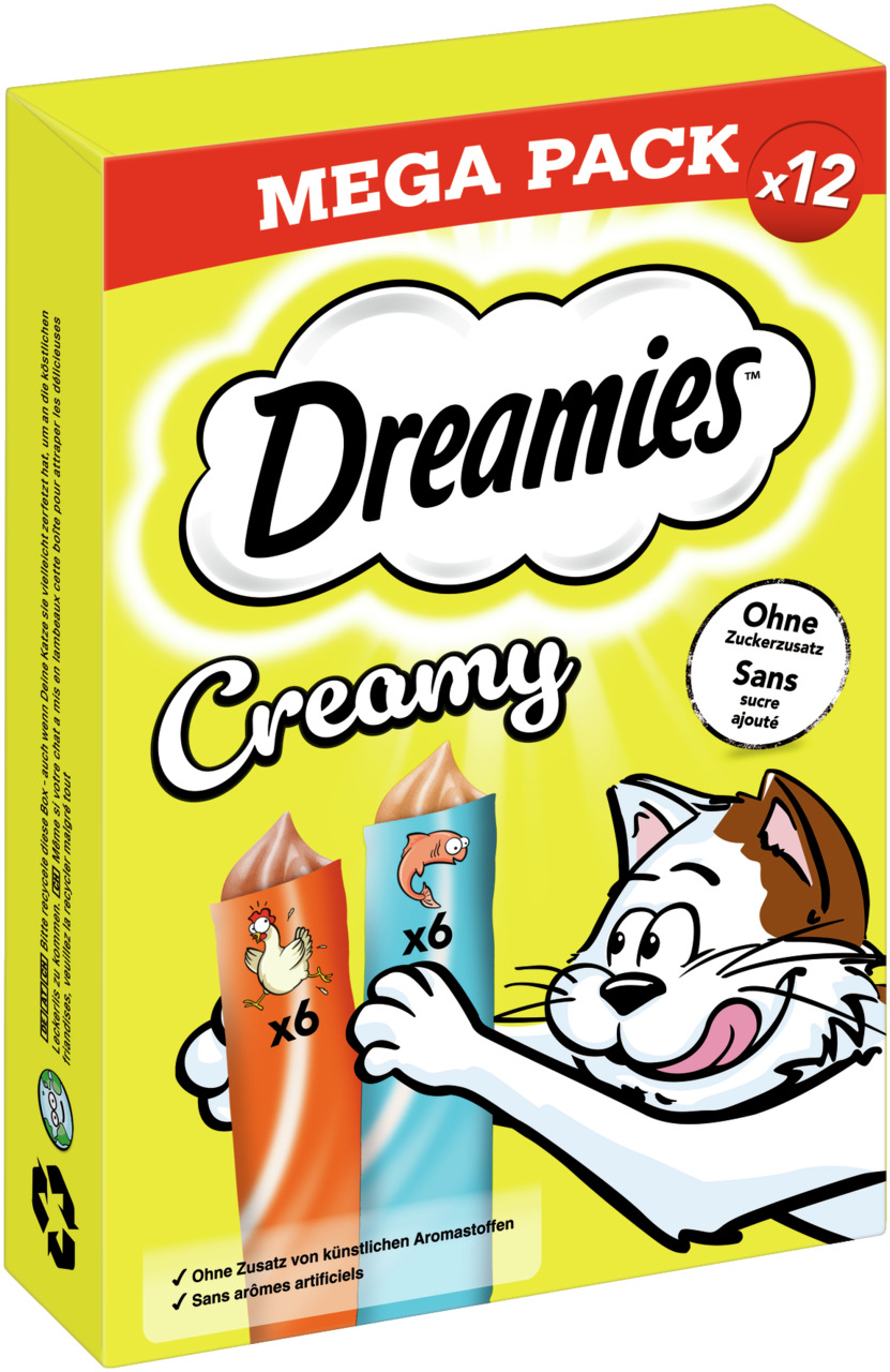 Das Bild zeigt eine gelbe Verpackung des Produkts „Dreamies Creamy“ in der Geschmacksrichtung Huhn und Lachs, speziell für Katzen. Es handelt sich um einen Mega-Pack mit 12 Portionen (je 6x Huhn und 6x Lachs). Die Verpackung wirbt mit „Ohne Zusatz von kün