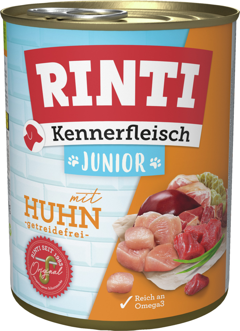 RINTI Kennerfleisch Junior Huhn, getreidefrei, für junge Hunde, reich an Omega3, frische Fleischstücke, 400g.