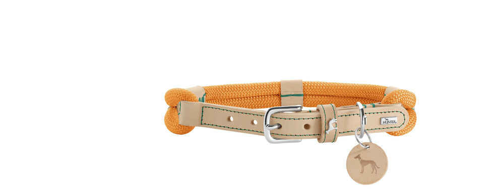 HUNTER Hundehalsband "Hunting Rope", Orange/Beige, robustes Seil, verstellbar, mit Hundemotiv-Anhänger, für stilbewusste Hundehalter.