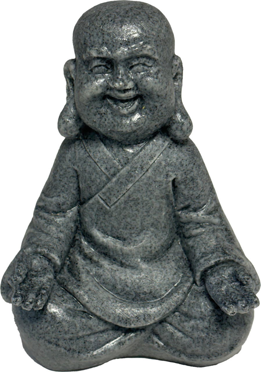 Steinfigur Buddha, graue Granitoptik, sitzende Meditationshaltung, glatte Oberfläche, ideal für Garten-Innenräume, hochwertige Verarbeitung.