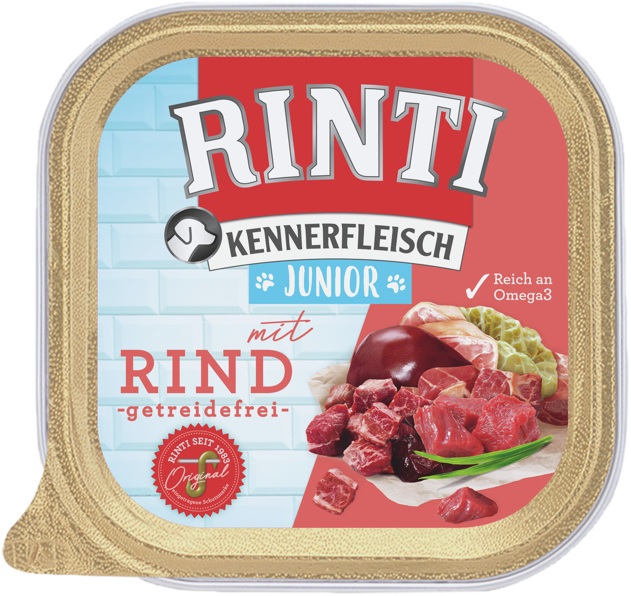 RINTI Kennerfleisch Junior, Rind, für junge Hunde, getreidefrei, Omega-3, saftiges Fleisch, Leber & Gemüse, 150 g.
