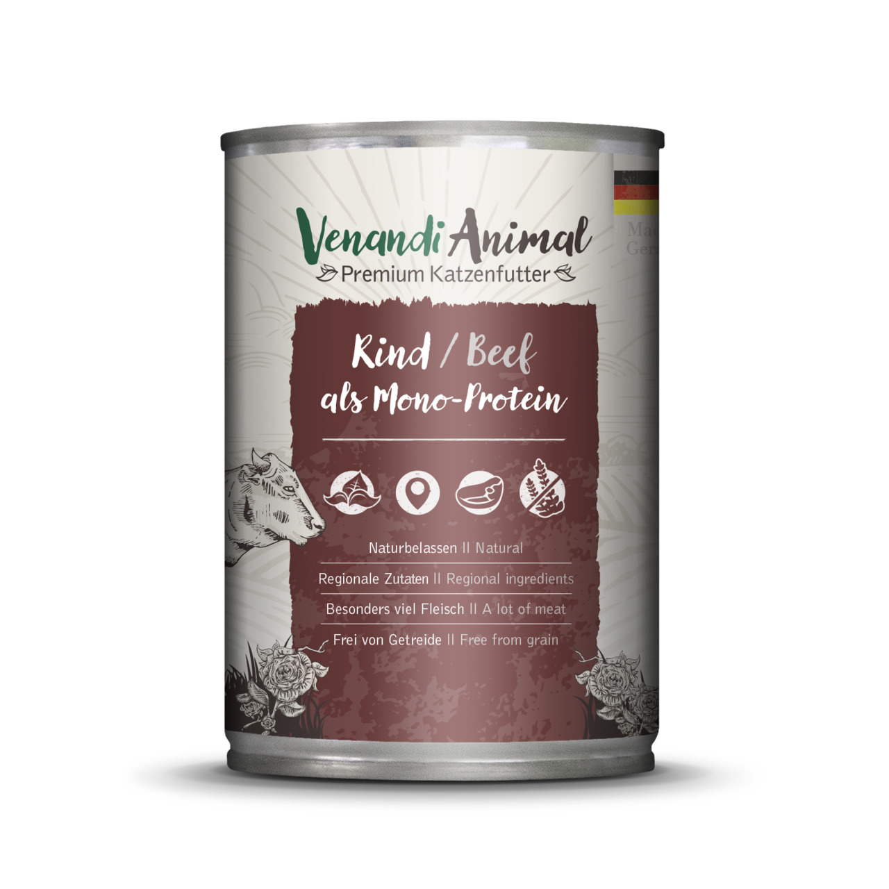 Venandi Animal Katzenfutter Rind Mono-Protein, naturbelassen, regionale Zutaten, viel Fleisch, getreidefrei.
