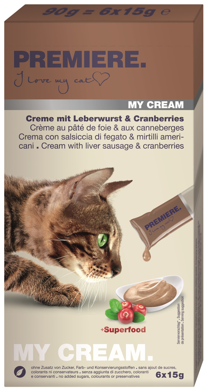 Das Bild zeigt die Verpackung des Katzenfutterprodukts „PREMIERE My Cream“ mit Leberwurst- und Cranberry-Geschmack. Es ist speziell für Katzen entwickelt und enthält Superfood-Zutaten. Die Packung enthält 6 Portionsbeutel à 15 g (insgesamt 90 g). Das Prod