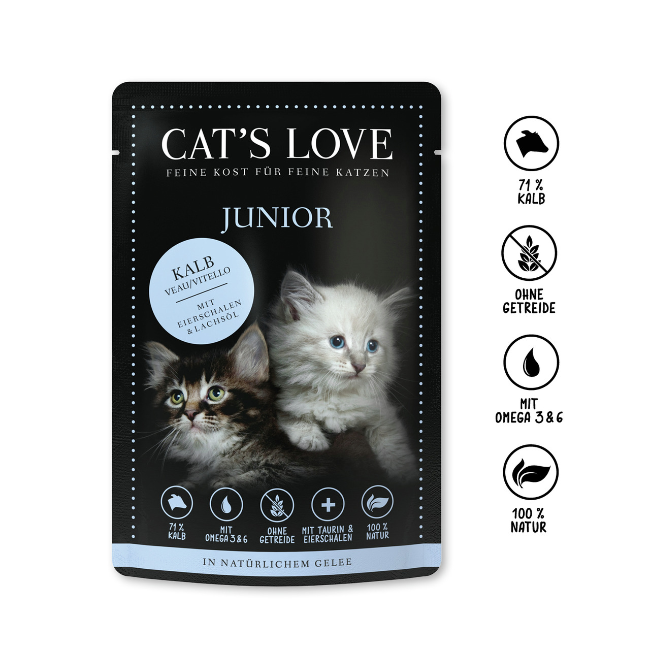 Sparpaket 24 x 85 g Cat's Love Junior Kalb pur mit Eierschalen & Lachsöl Katzen Nassfutter